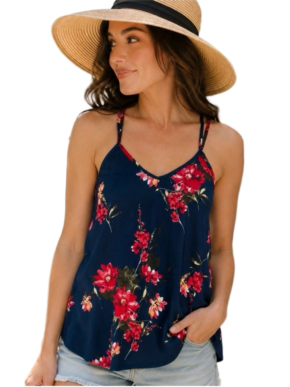 Papermoon Basima Tank Top Blue Floral Drapey Cami Back Detail Boho Plus Size 2X